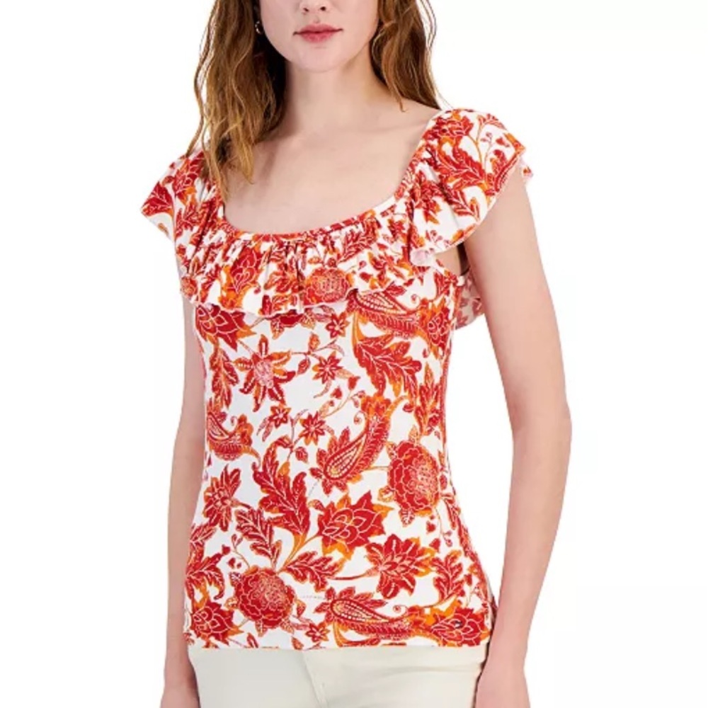 Tommy Hilfiger Batik Floral Printed Red White Ruffled Top